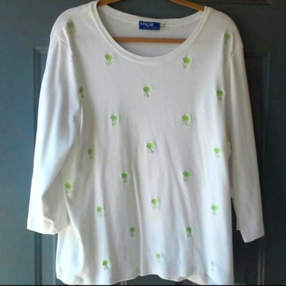 White Knit Palm Tree Embroidered Long Sleeve Top